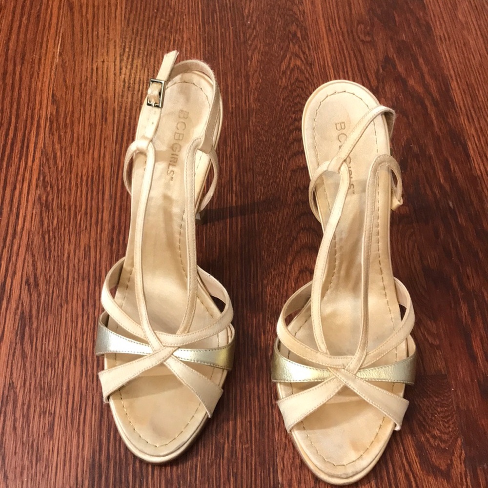 Gold satin BCBG Girls heels sandals